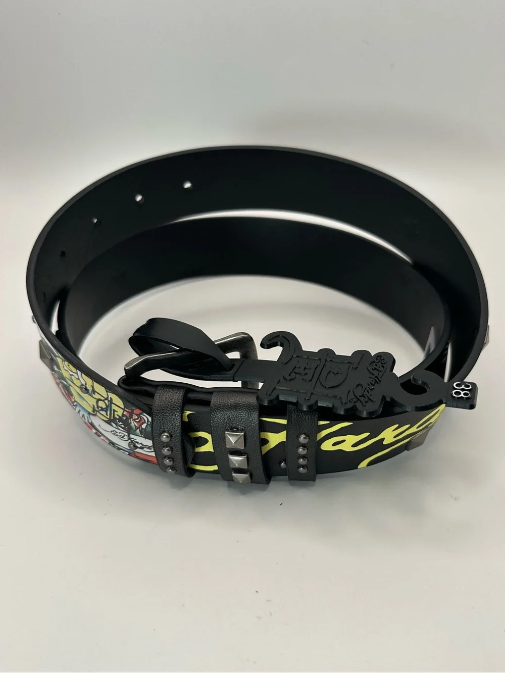 Ed Hardy Men's Graphic Print Studded Skull Belt Adjustable Buckle Black Size 38